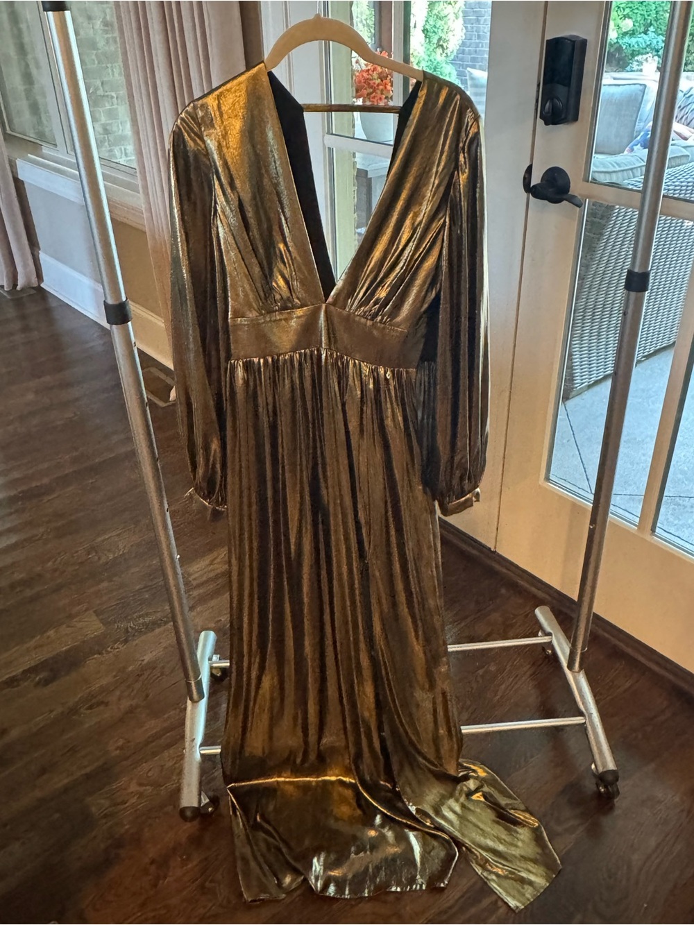 Gianni Bini Metallic Gold V-Neck Long Sleeve Maxi Dress